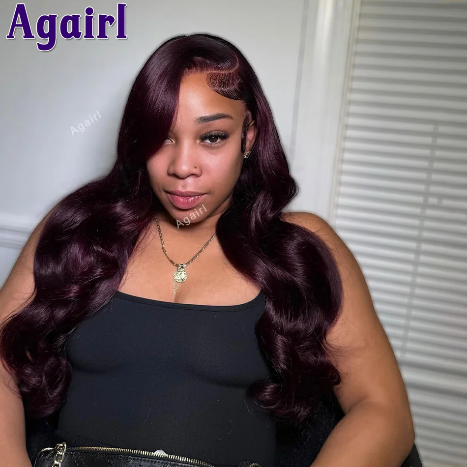 

Dark Purple Burgundy Red Ready To Wear Colored Lace Front Human Hair Wigs Transparent 13X6 13X4 Lace Frontal Body Wave Wigs 200%