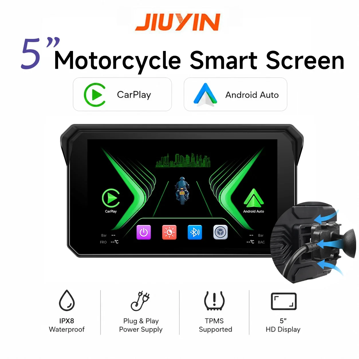 Écran numérique JIUYIN NEW pour moto avec Carplay et Android Auto, étanche IPX8, navigation, accessoires moto, plug and play.