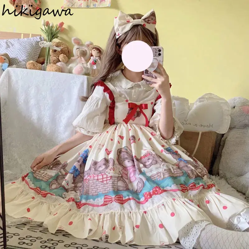 Sukienki w stylu Lolita dla kobiet Śliczny nadruk anime Robe Femme Big Swing Ruffles Słodka japońska letnia sukienka 2024 Vestidos De Mujer