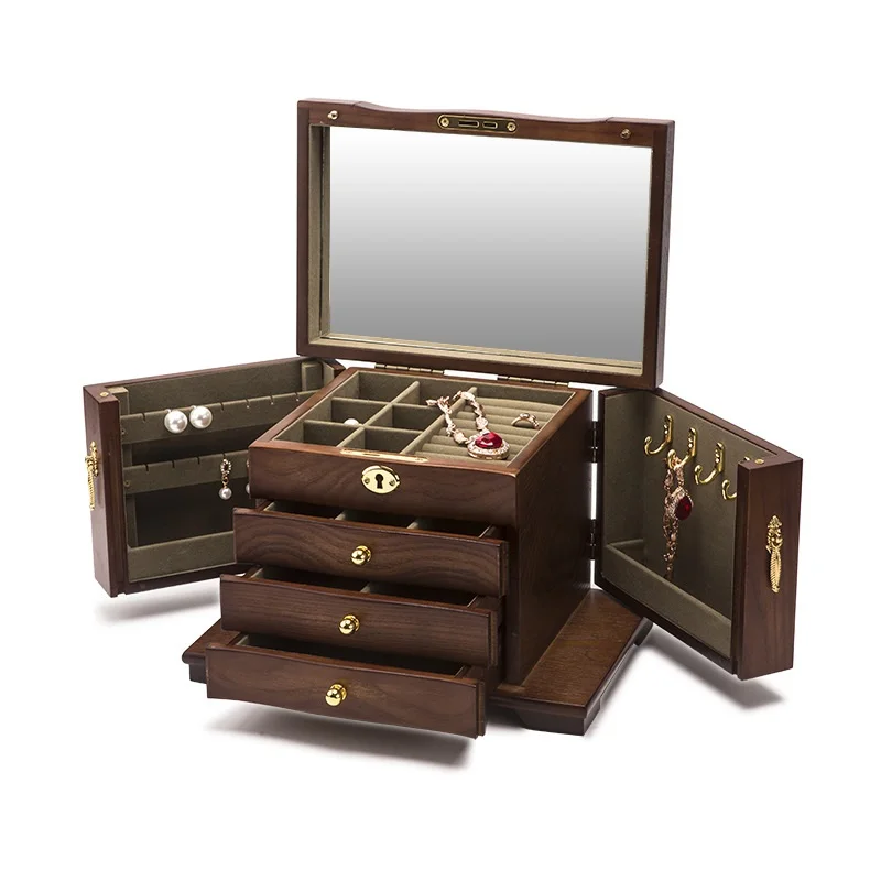 High-Capacity Jewelry Display Casket Wooden Jewelry Gift Box Case Multifunctional 4-Layer Jewelry Organizer With Lock