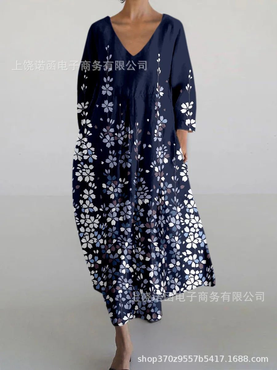 ชุดเดรสยาวพิมพ์ลายดอกไม้ฤดูร้อนสำหรับผู้หญิง ปี 2025 ทรงหลวม สีขาว สไตล์โบฮีเมียน ชุดเดรสยาวสำหรับงานปาร์ตี้ยามเย็นสไตล์วินเทจ ชุดเดรสยาวสำหรับผู้หญิง