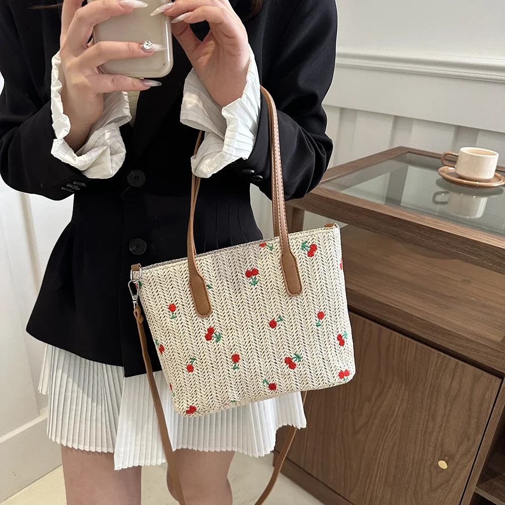 Fashion Cherry Straw Bag for Summer Women\'s Bag New 2024 Luxury Beach Woven Tote Bag Raffia Stylowa szykowna torba na ramię Crossbody