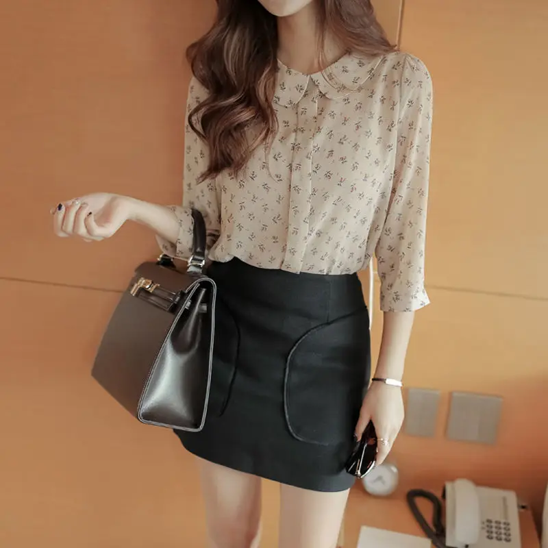 Women's Summer New Doll Collar Versatile Floral Chiffon Shirt Fashionable and Super Fairy