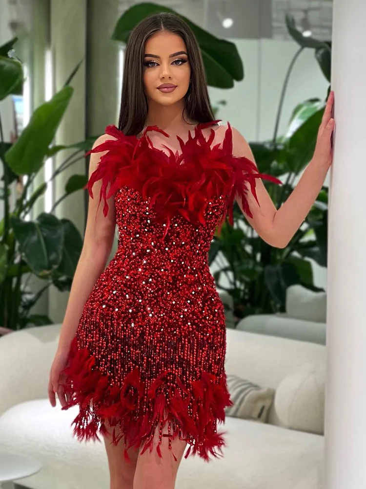 

2024 Summer Fashion Party Dresses For Women Strapless Sleeveless Feather Red Sequins Prom Short Evening Gown