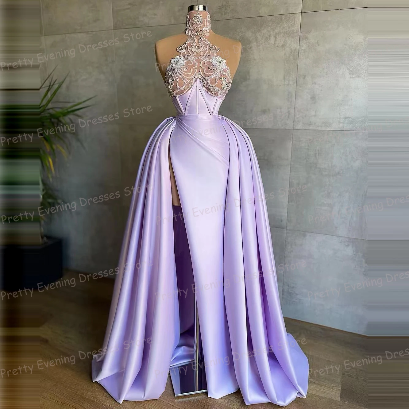 

Exquisite High Neck Evening Dresses 2024 Mermaid Women's Sexy Appliques Prom Gowns Sleeveless Pleat Satin Fashion Party Vestidos