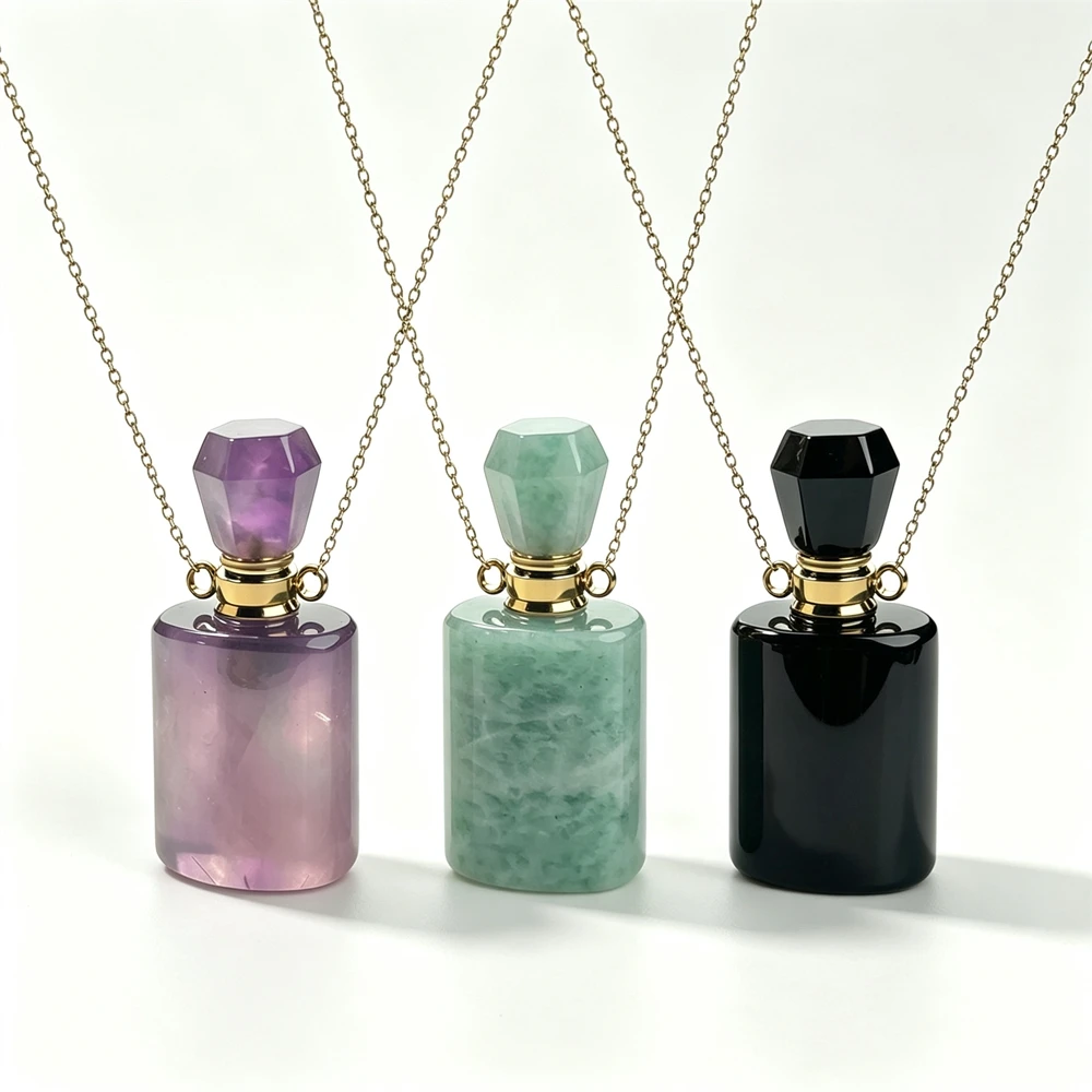 1PC Cylindrical Natural Rock Perfume Bottle Necklace, Multi-color Essential Oil Vial Pendant for Women Golden Plated N2C1102