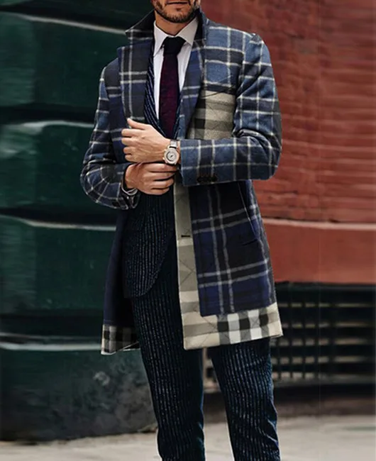 2024 Spring Men's Big Suit collar new casual printed woolen medium length windbreaker coat