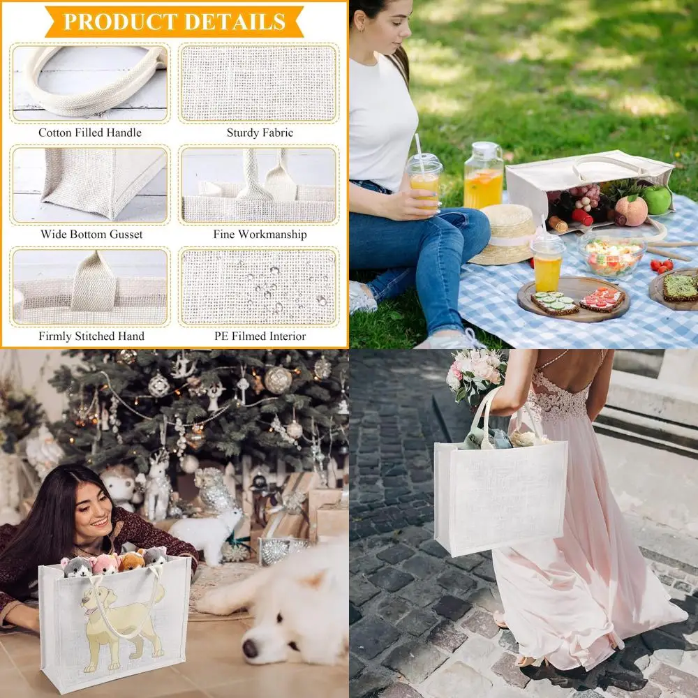 

10 Pack White Burlap Tote Bags - Reusable Jute Bags with Handles for Grocery Shopping, Wedding Gifts, DIY Crafts, 15.4x5.9x12.2