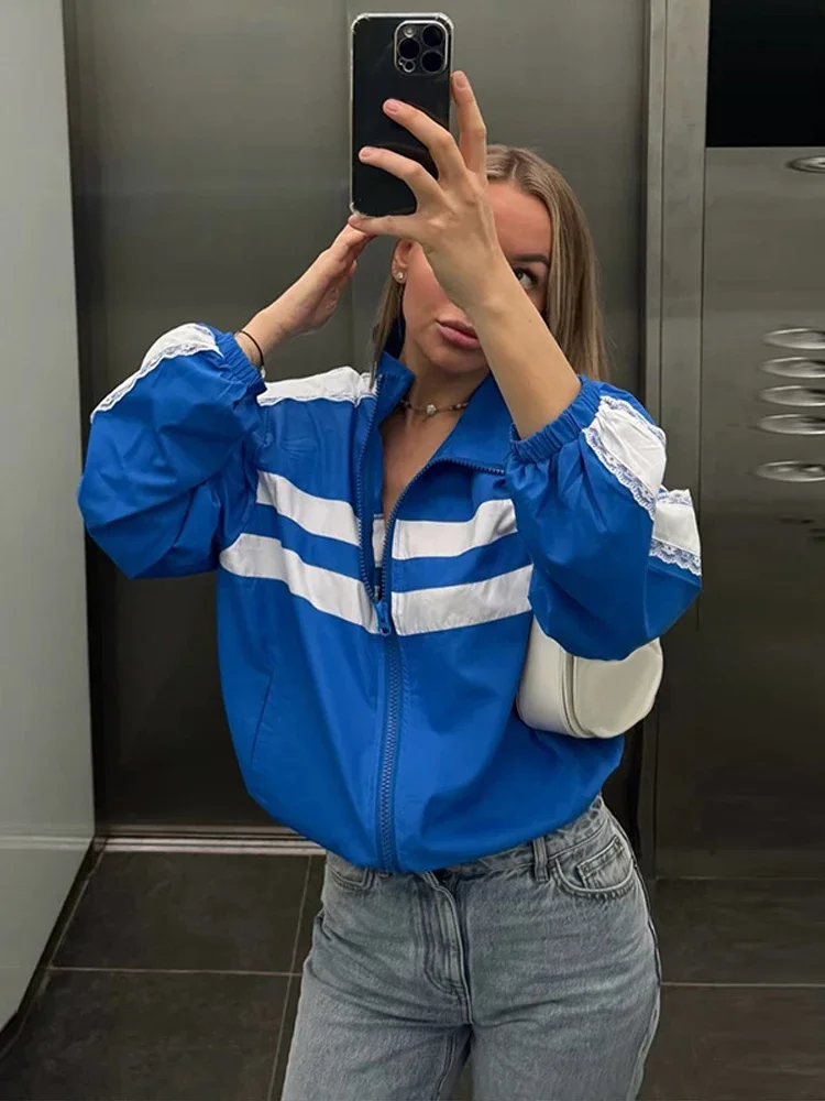 Chic Color Block Stripe Lace Trim Zip Up Stand Collar Women Jacket Elastic Cuff Loose Relaxed Windbreaker Relaxed Street Zip Coa