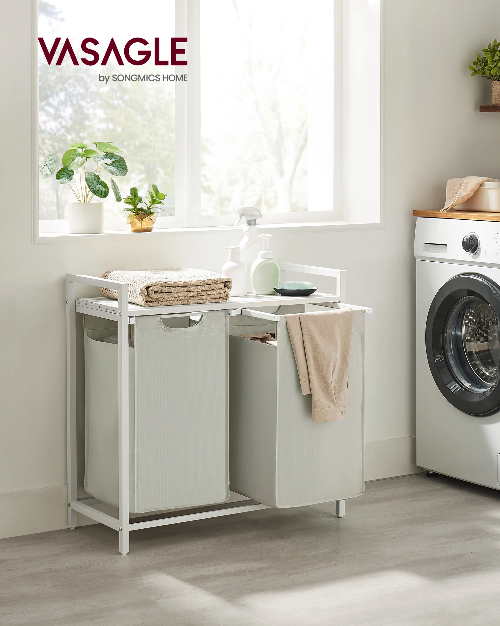 VASAGLE wasmand 2-handventilator Wasverzamelaar met opbergruimte, wasbox, waszak van Oxford-stof Uitschuifbaar afneembaar metalen frame