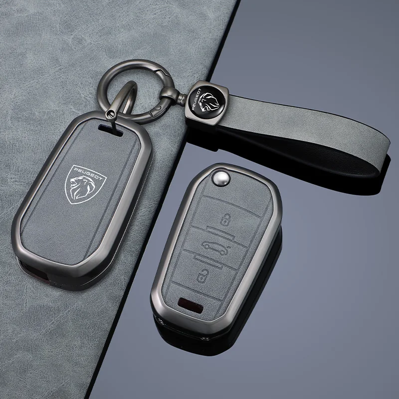 Zine Alloy Leather Car Key Case Full Cover Shell Holder Protection Fob For Peugeot 208 308 408 508 2008 3008 4008 5008 Accessory