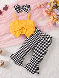 0-2 Year Old Baby Summer Girl Suspender Large Bow Daily Party Bell Bottoms Plaid Printed Headwear Baby Clothes