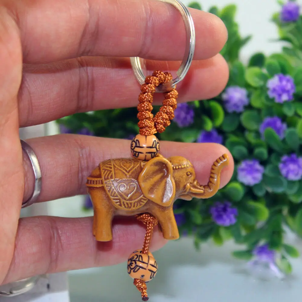 New Elephant Keychain Peach Wood Carving Rich Lucky Animal Key Chain Pendant for Women Men Bags Charm Home Key Rings Wholesale