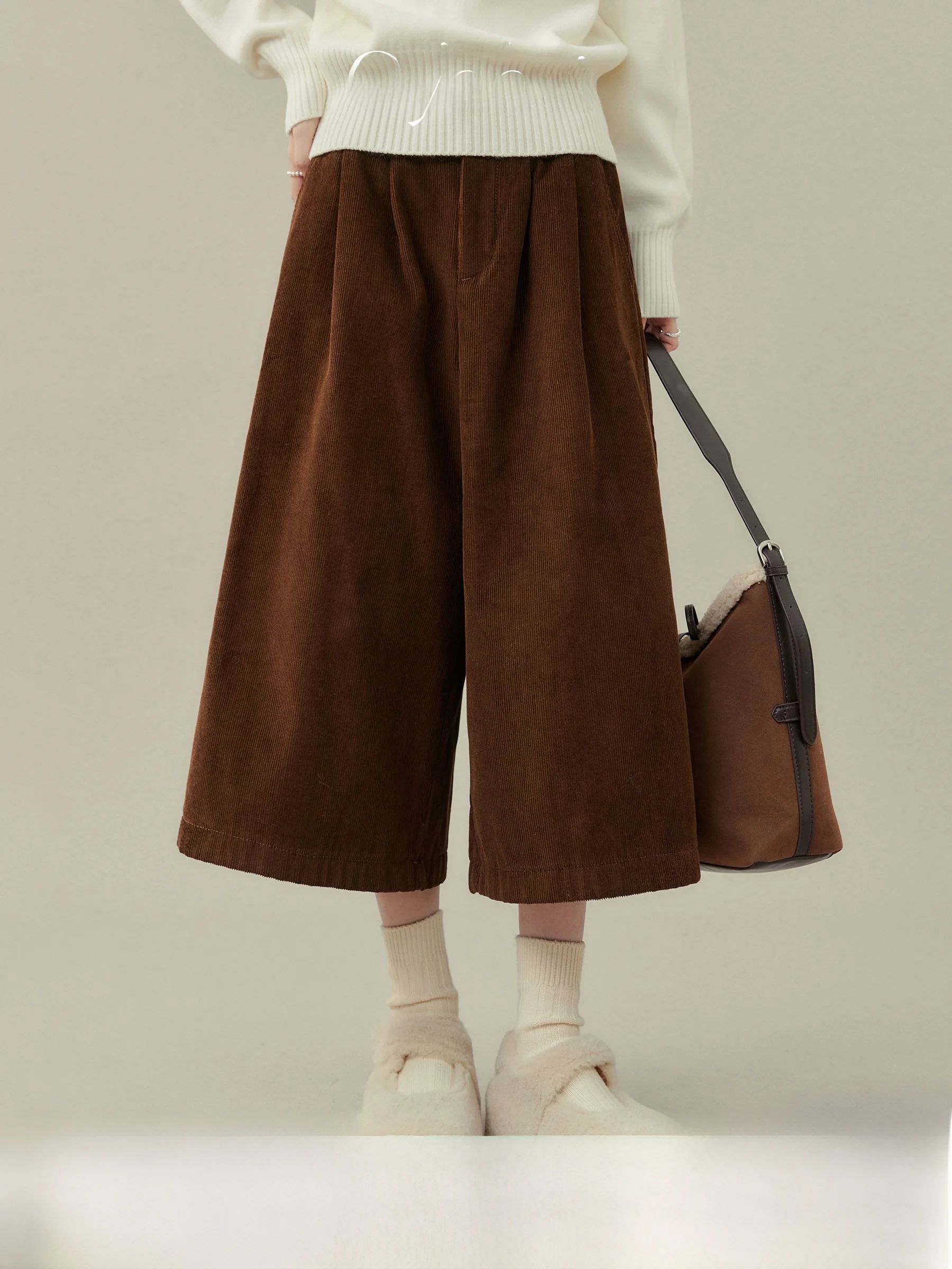 

Женские брюки с высокой талией и широкими штанинами, осенне-зимние, из вельвета, плиссированные, повседневные, длиной восемнадцать дюймов, цвет кофе