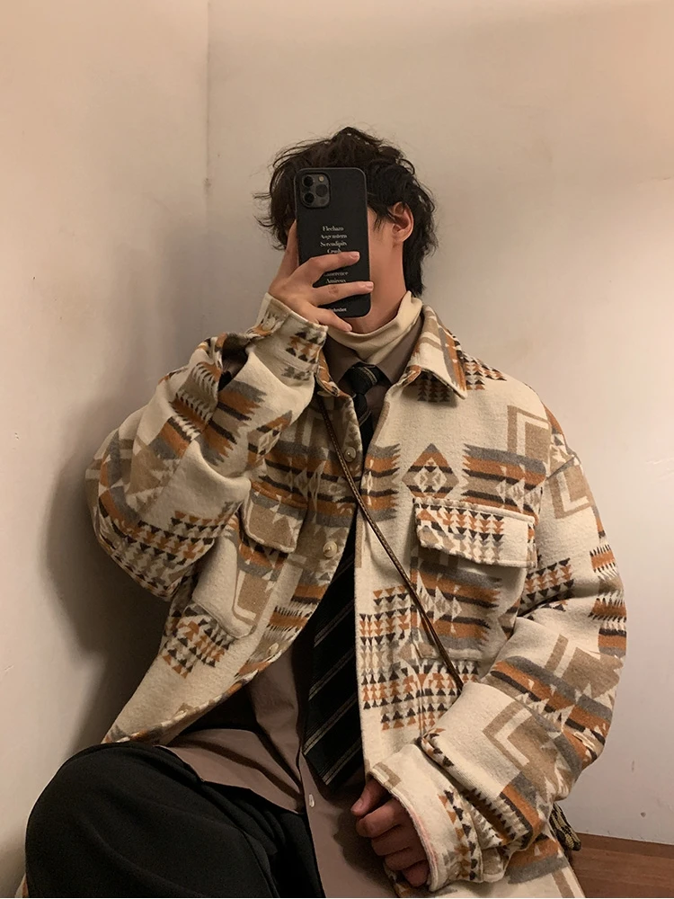 

Trendy Men's Woolen Tweed Jaet Autumn Winter Loose Workwear Sle Outerwear Faionable Casual Long Sve Coat