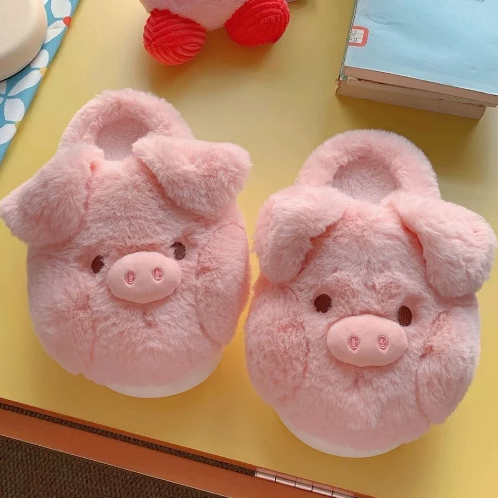 Cute Piggy Winter New Women Slipper Soft Heel Platform Fur Warm Indoor Comfortable Home Fluffy Home Slippers