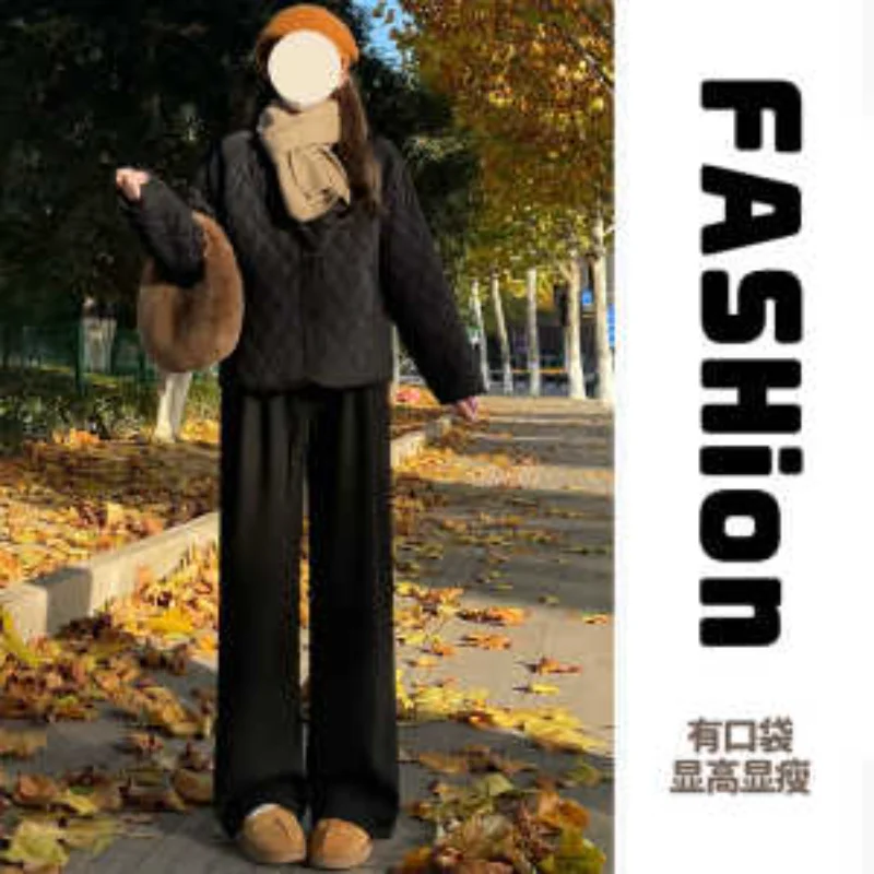 Couleur d'avoine nouvelles femmes automne hiver Plus velours épaissi taille haute droite polyvalent ample décontracté pantalon à jambes larges