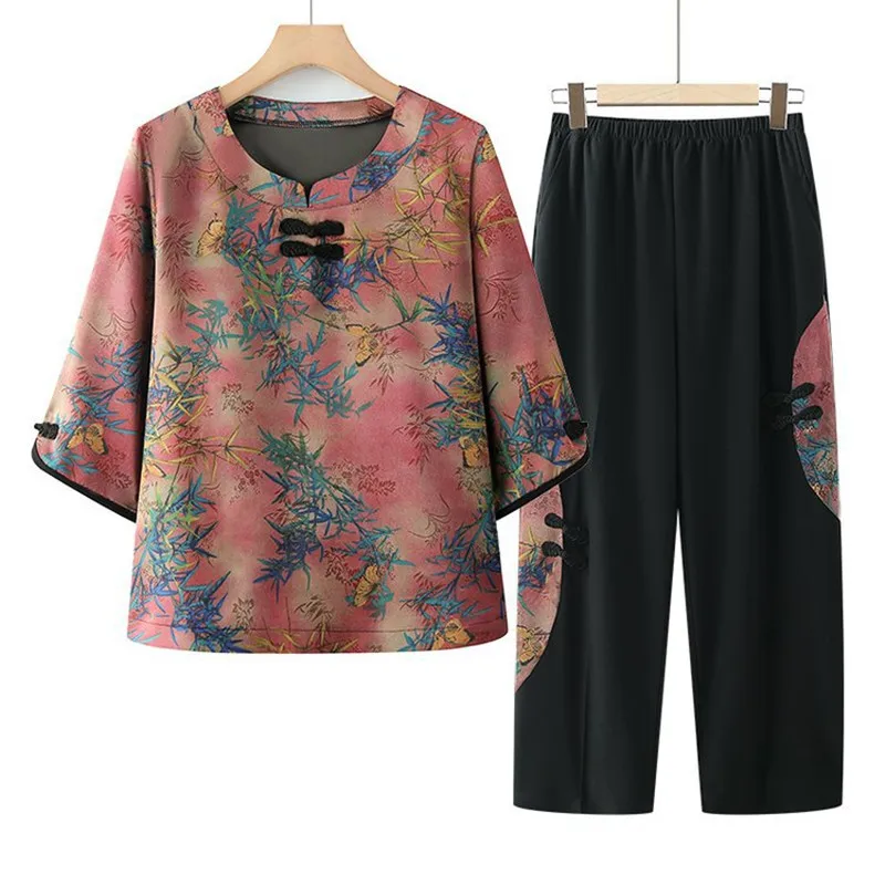 

XL-5XL новый комплект одежды для мамы на весну и лето для женщин среднего возраста, женская одежда, бабушкина пижама, топ с рукавами 3/4, брючный костюм