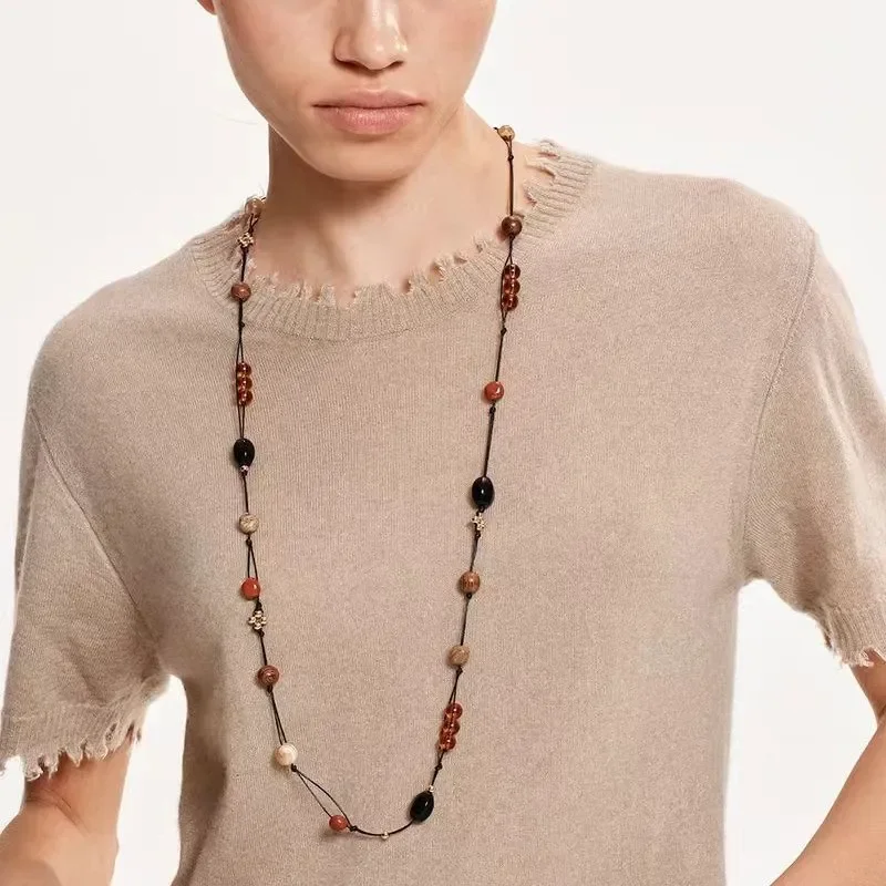 European and American niche design natural black agate redstone beaded interval stacked in multiple layers wearing long retro