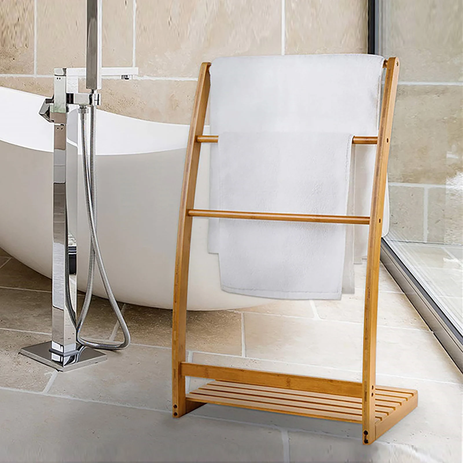 Three Layers Bamboo Bathroom Towel Rack Clothes Shower Shelf Floor Towel Drying Stand