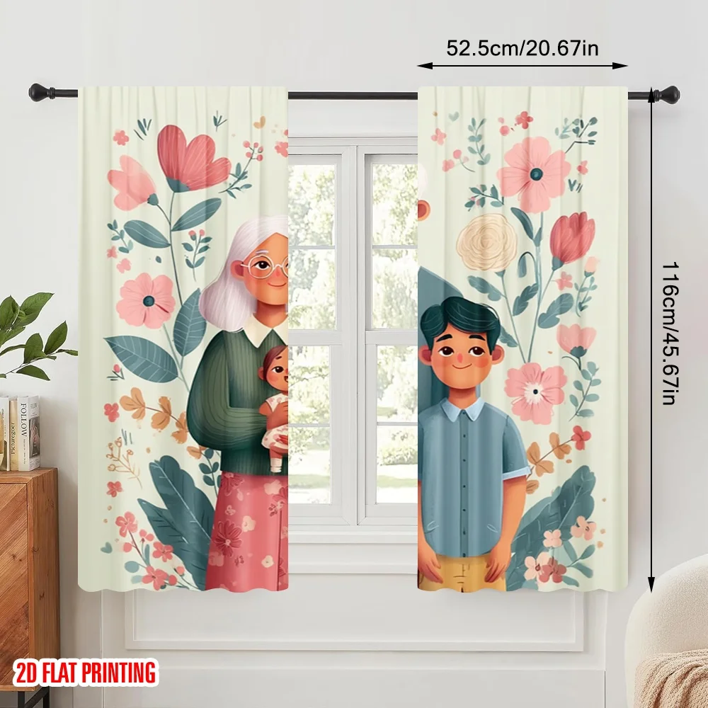2pcs,2D plane printing Light Filtering Curtains Grandparents' Day Party Versatile 100% Polyester (without rod) All Seasons for