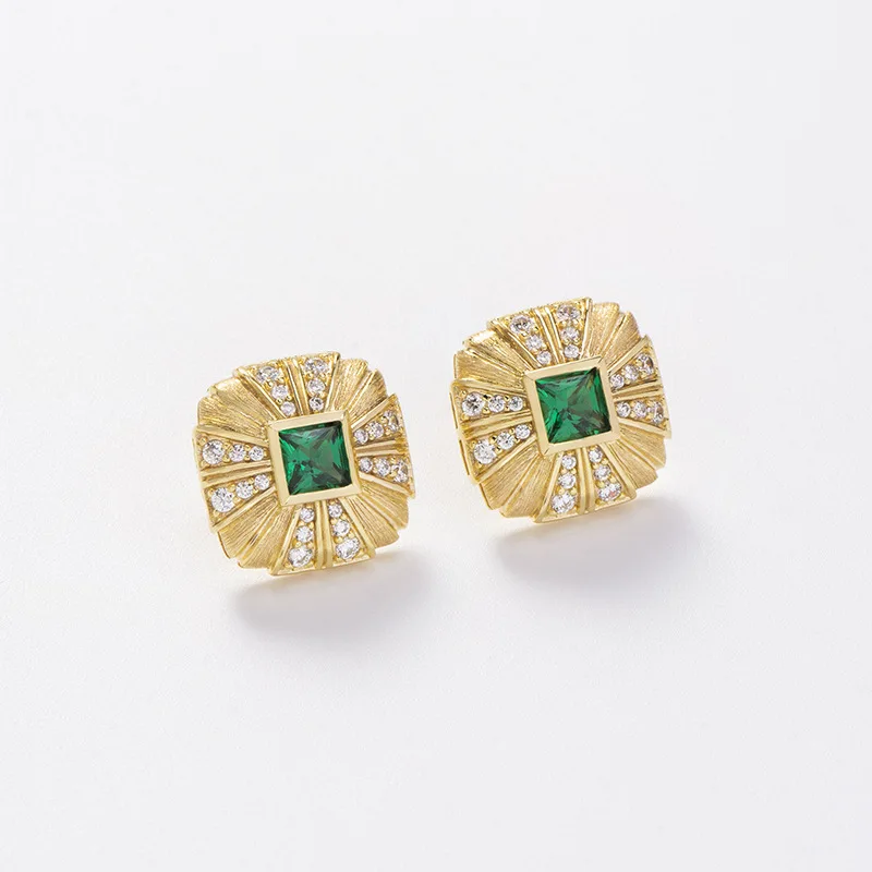 

Retro Green Nano Sterling Silver Stud Earrings Women's 925 Silver Premium Square Brushed Earrings