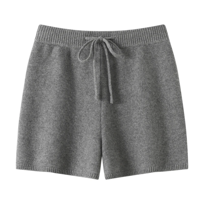 Women Cashmere Shorts Thicken Drawstring Screw Threaded Elastic Waist Short Pants Autumn Winter 100% Cashmere Knitted Fit Shorts
