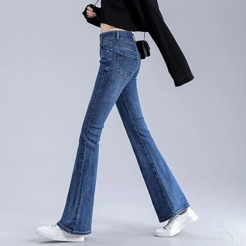 Womens Jeans Blue Flare Trousers High Waist Shot Pants for Women Bell Bottom Flared Japanese Y2k Medium Wash Stylish Clothing Z