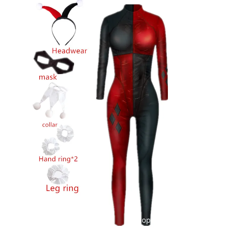 Harleen Quinzel Superhero Jumpsuit for girls Adult Kids Catsuit Sexy Women clown female Cosplay Costumes Halloween Bodysuit