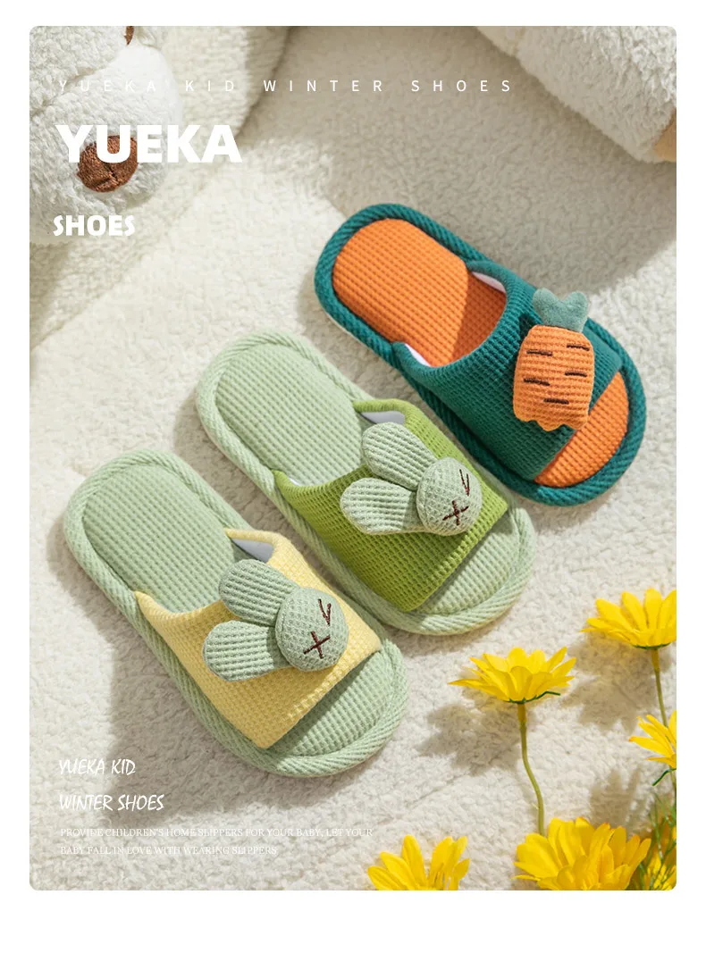 Cartoon Kaninchen Hausschuhe für Kinder Mode Closed Toe Hause Leinen Hausschuhe Frauen Stille Anti Slip Baumwolle Leinen Boden Schuhe Männer – Detail 2