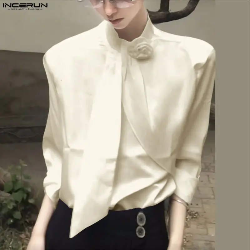 INCERUN Men Shirt Solid Color Satin Stand Collar Long Sleeve Men Clothing With Tie Flower Decoration Streetwear Fashion Tops Men