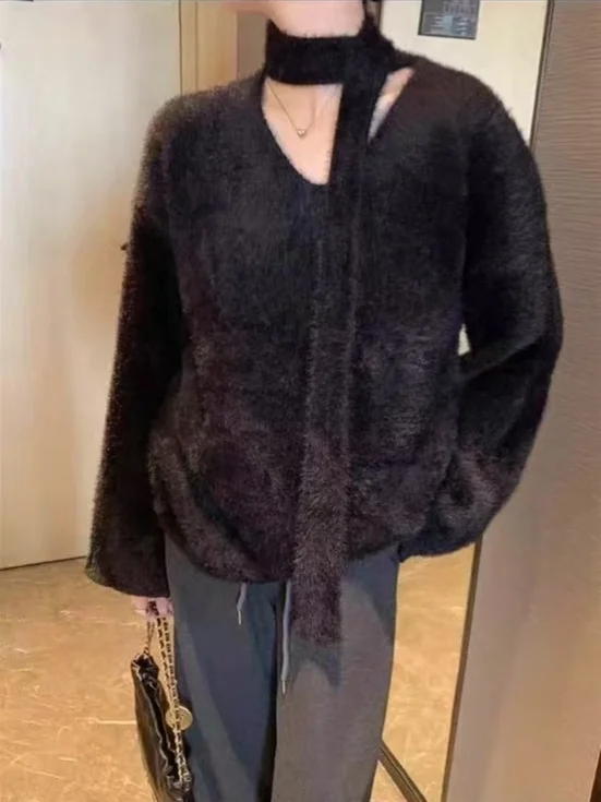 秋冬レディースニットミンクセータールーズフフトップソフトスリーブレイジースリーブVネックロングスリーブ暖かいサーマルファション