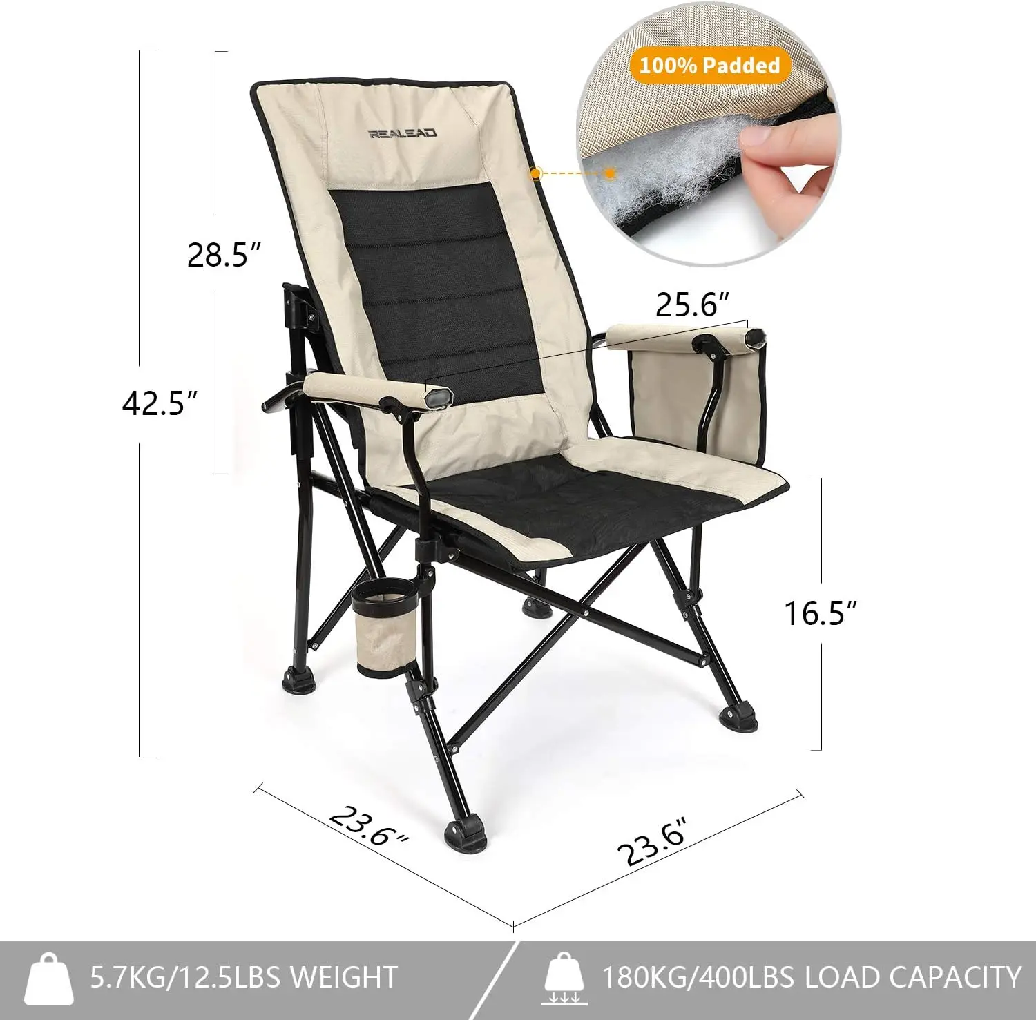 REALEAD Oversized Camping Chairs - Heavy Duty Folding Chair for Outside Support 400 LBS - Padded High Back Camp Chair with Lumba