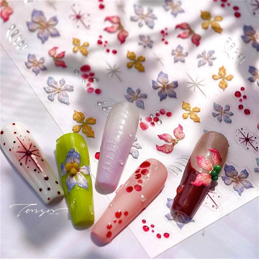 

Colorful Flower Star Dewdrop Water Droplet Petal Daisy Leaves Tulips Bouquet 5D Self Adhesive Nail Art Stickers Manicure Decals