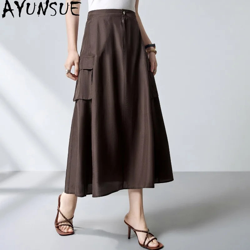 AYUNSUE 100% Silk Skirts for Women Fashion Solid Cargo Style Women's Skirts Versatile A-line Summer Skirt Woman Clothes Юбка