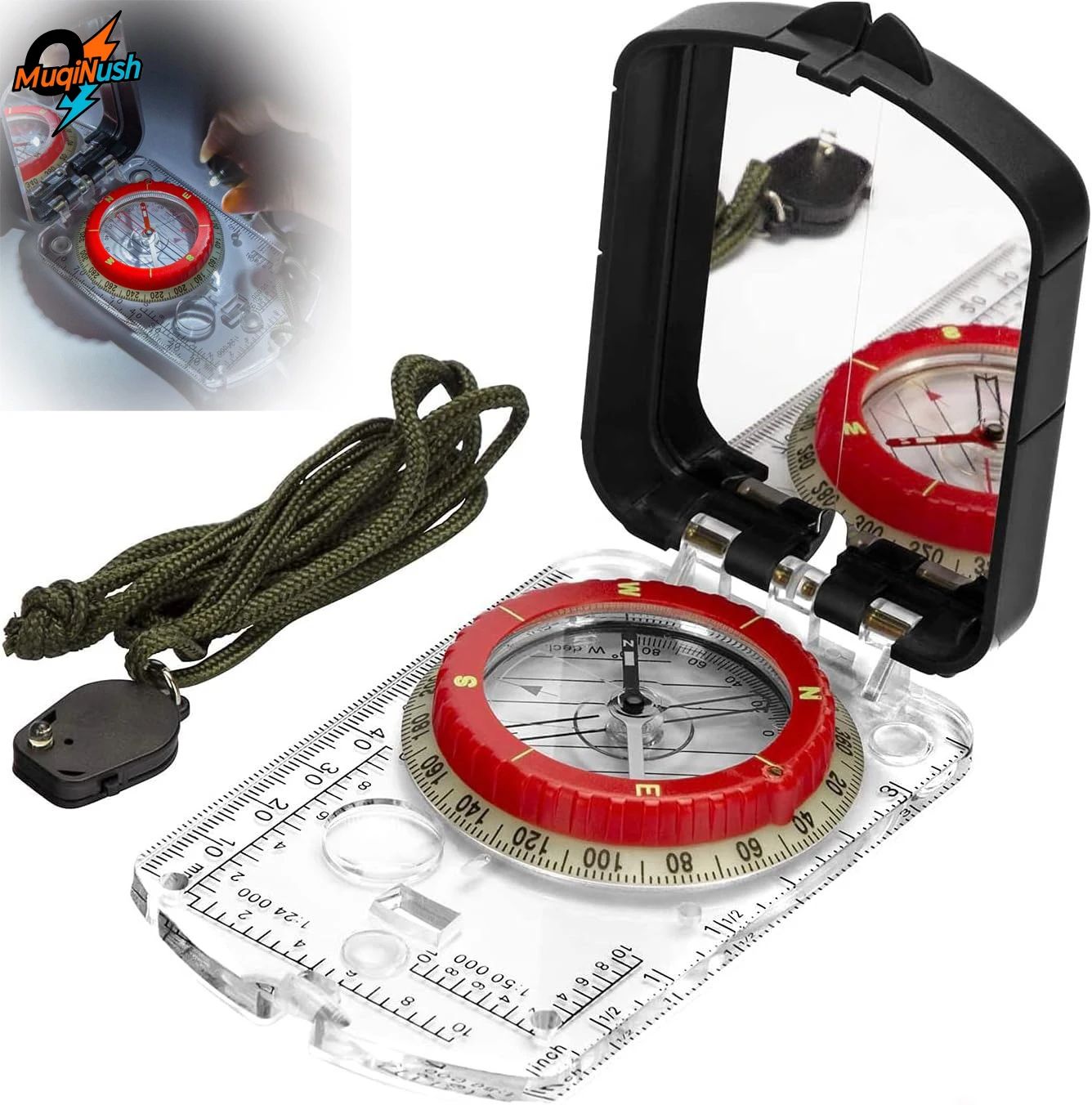 

MuqiNush Orienteering Map Sighting Mirror Compass with Adjustable Declination Clinometer LED light for Hiking Camping Hunting