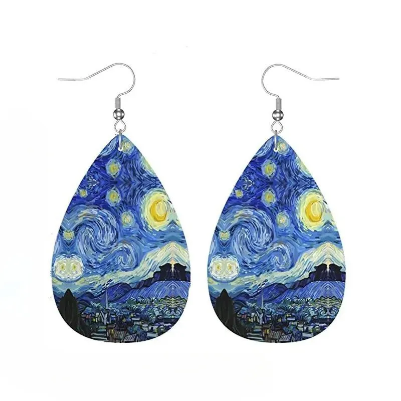 PU Leather Starry Night Rhone River Van Gogh World Famous Painting Drop Charm Earrings For Women Pendientes серьги 2023 тренд