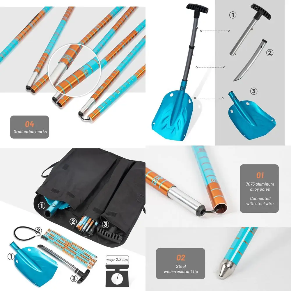 

Compact Aluminum Snow Shovel with Probe, Folding for Easy Storage and Portability, Blue