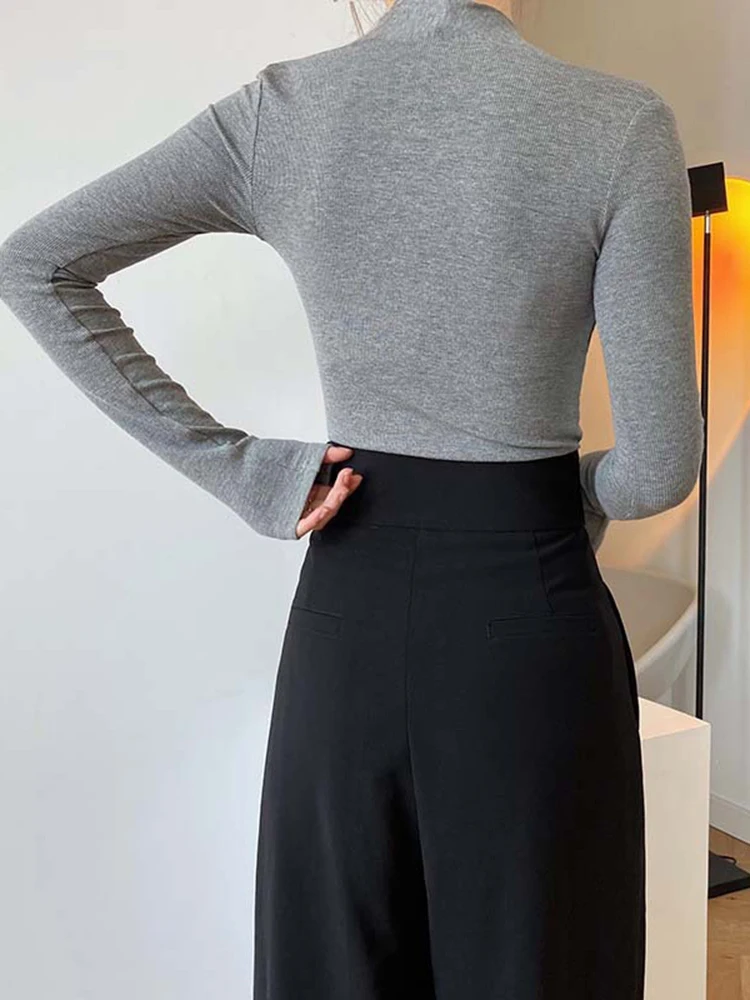 [EAM] Women Black Gray White Brief Slim Elegant Plain T-shirt New V-Neck Long Sleeve Fashion Tide Spring Autumn 2024 1DH6662