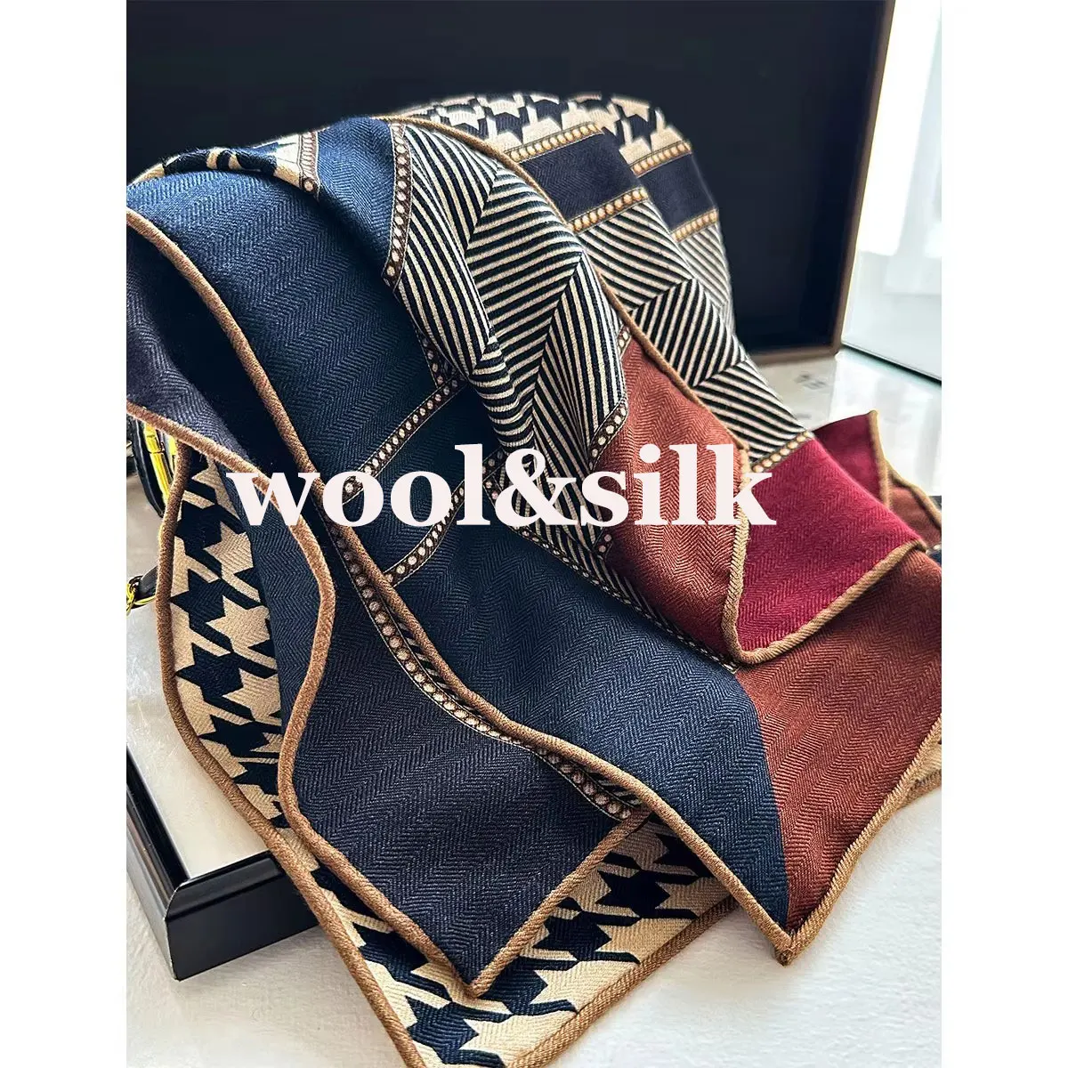 82% wool 18% Real Silk Scarf for Women Shawls Wraps Foulard Houndstooth Scarves Pashmina Female Hijab Bandana bufanda Poncho