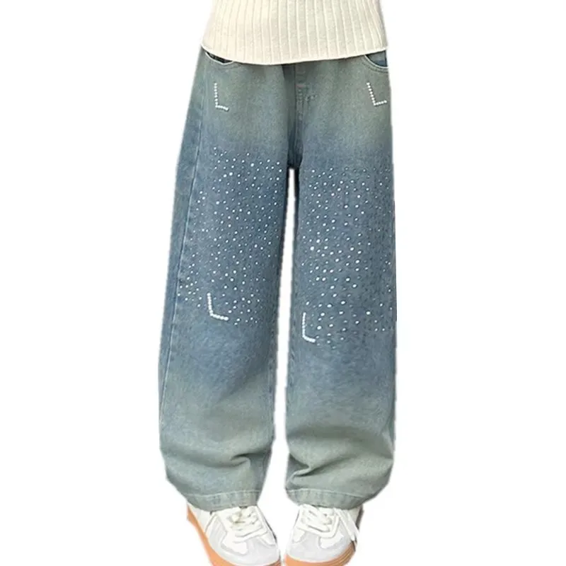 

New Spring Girls Casual Jeans with Crystals Straight Fit Jeans Pants Kids Fashion Denim Trousers With Beads For Child Age 5-14 Y