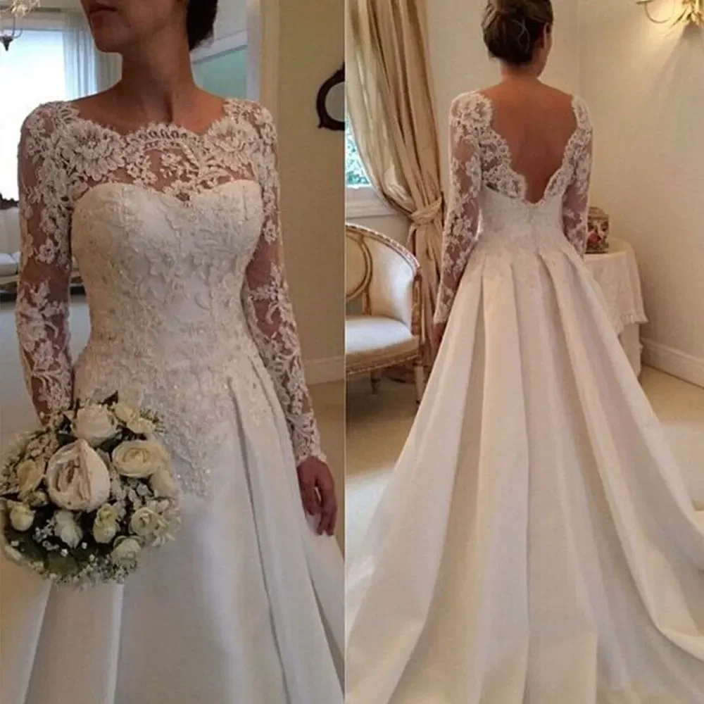 Elegante vestido de casamento sem costas vintage cetim robe de mariée renda manga longa vestidos de noiva robe de mariee personalizado