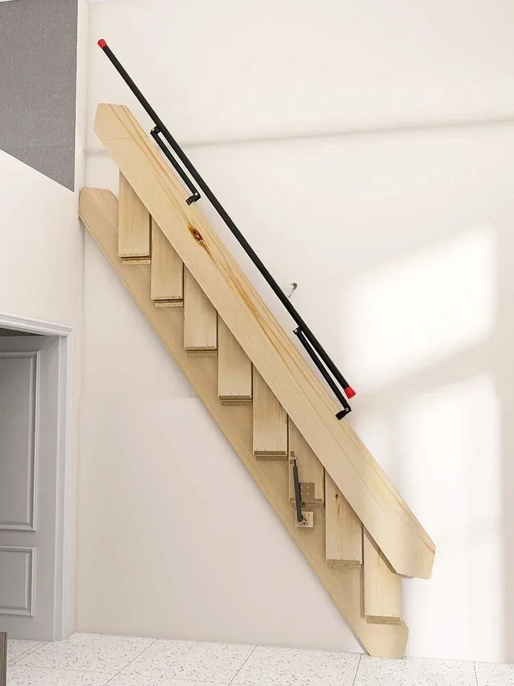 A Side Wall Folding Stairs Home Wall Mount Solid Wood Ladder Attic Apartment Telescopic Invisible Ladder
