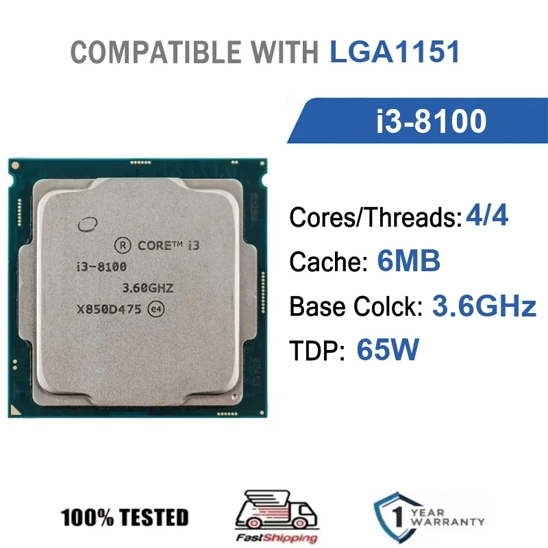 Intel Core i3-8100 4 Core 4 Thread 3.6GHz 65W 6MB Cache 14nm LGA1151 SR3N7 DDR4 2400 / DDR3L 1600 MHz Coffee Lake