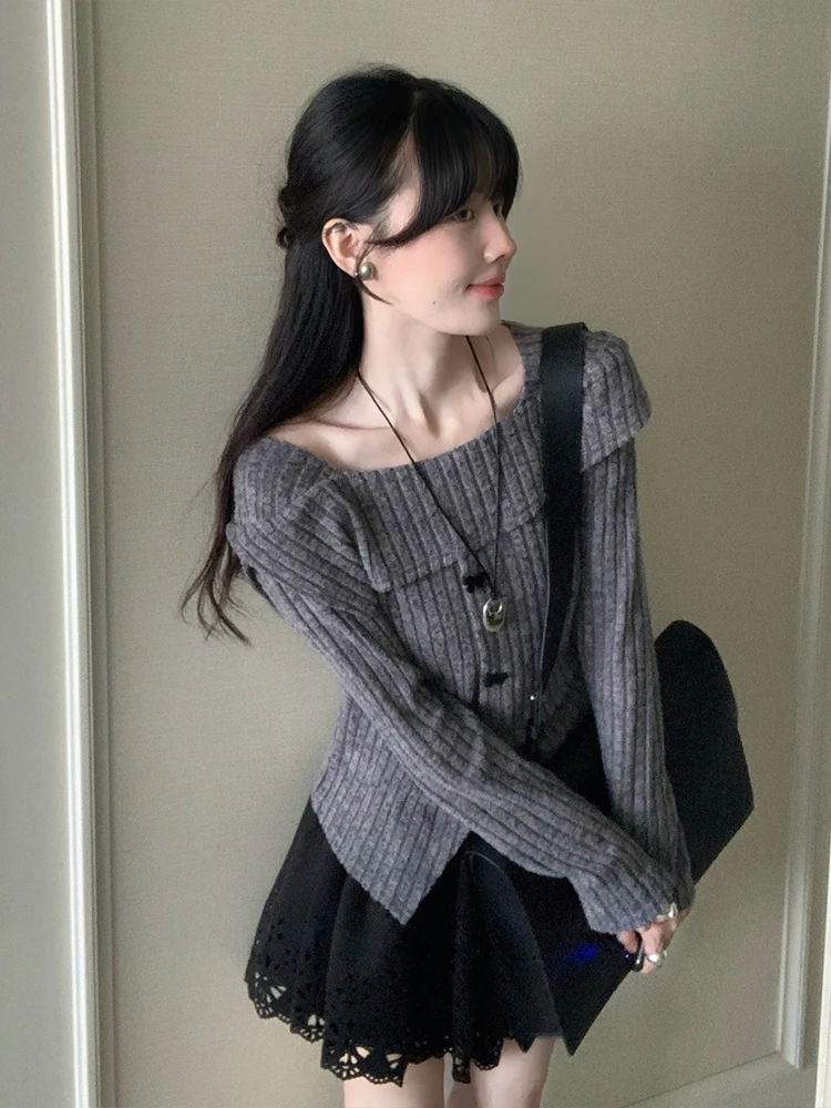 سترة نسائية كورية أنيقة بياقة مربعة وأكمام طويلة محبوكة للخريف والشتاء، تصميم نحيف مع شق ناعم وأنيق