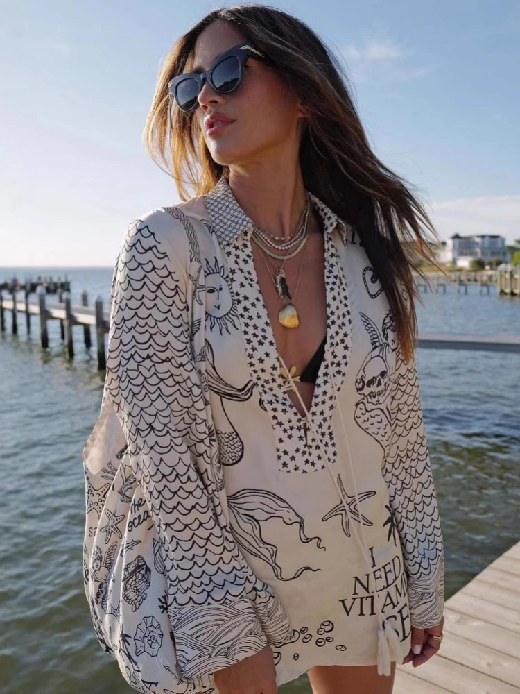 

2025 летние атласные граффити с принтом кисточек, свободные комплекты из 2 предметов, женские повседневные рубашки с v-образным вырезом и длинными рукавами, комплекты с шортами, женский пляжный наряд