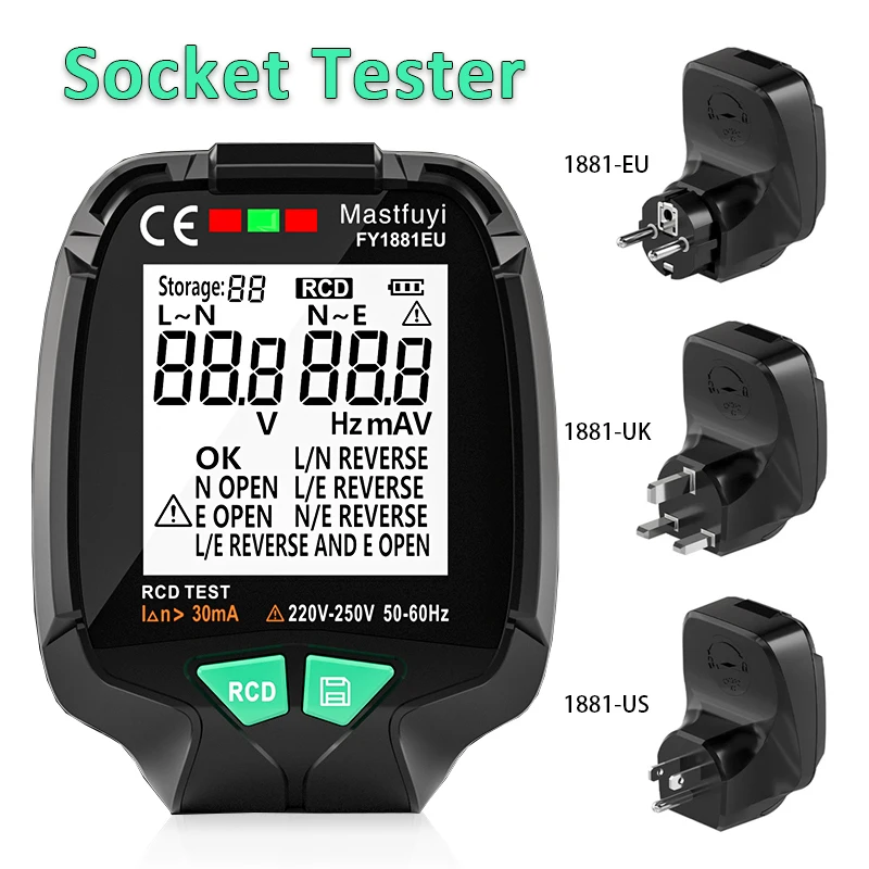 FY1881 Digital Smart Socket Tester Voltage Test Socket Detector US/UK/EU Plug ENull Line Phase Check RCD Test Data Storage