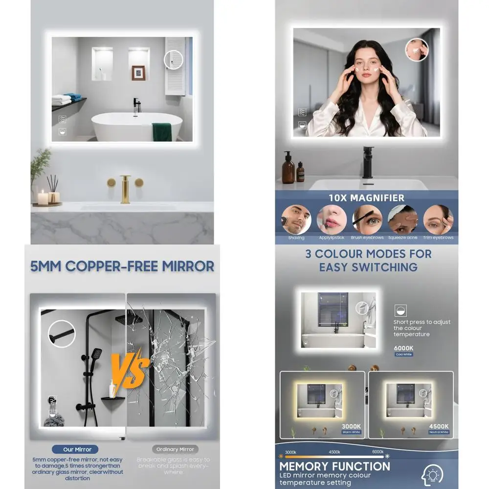 

24x32 Inch LED Backlit Mirror with 10X Magnification, Shaver Socket, Anti-Fog, Memory, 3-Color Temperature, Dimmable for Bathroo