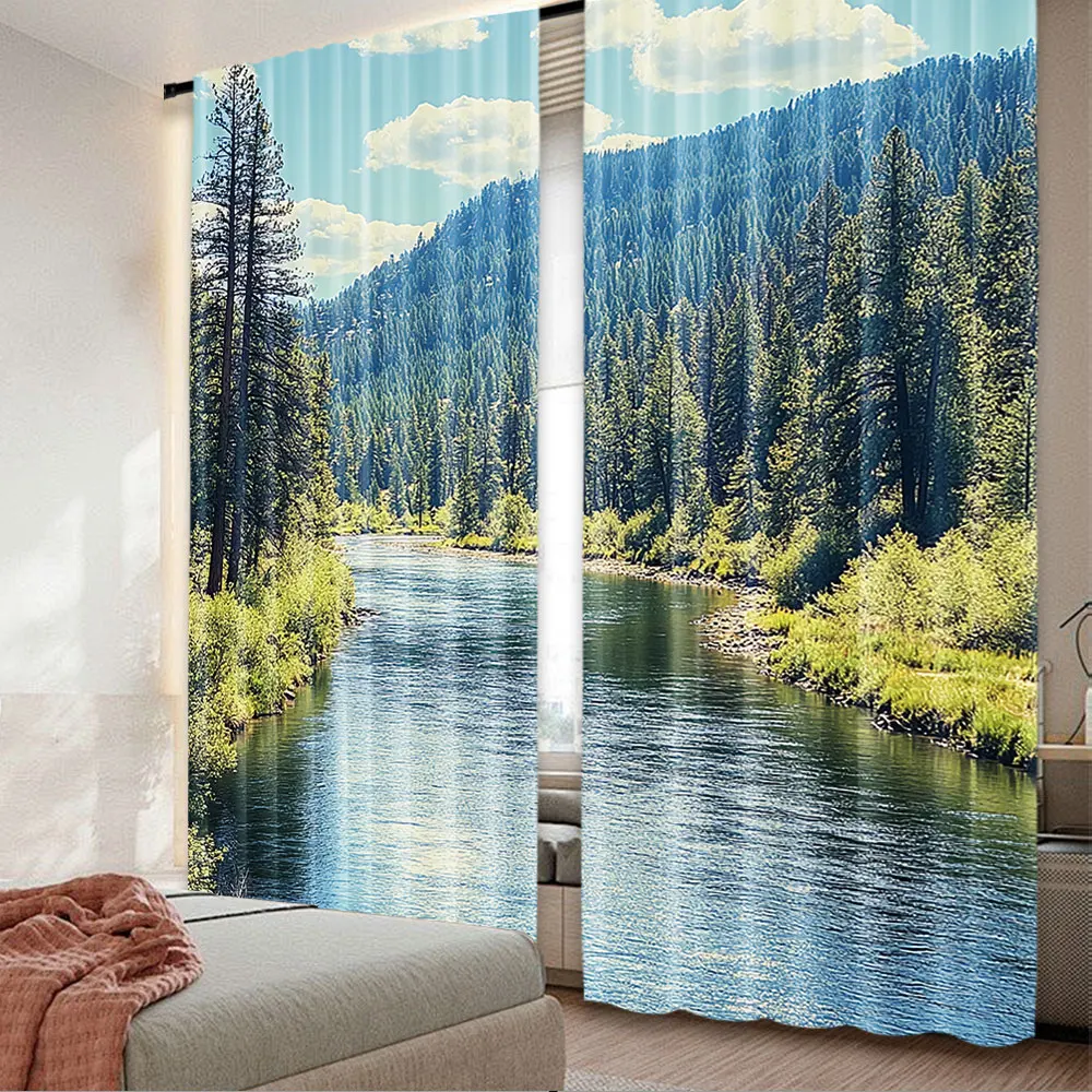 2Pcs Landscape Curtains Scenic Mountain Of Pine Trees And Flowing River Foliage Daytime Nature View For Bedroom Living Room And