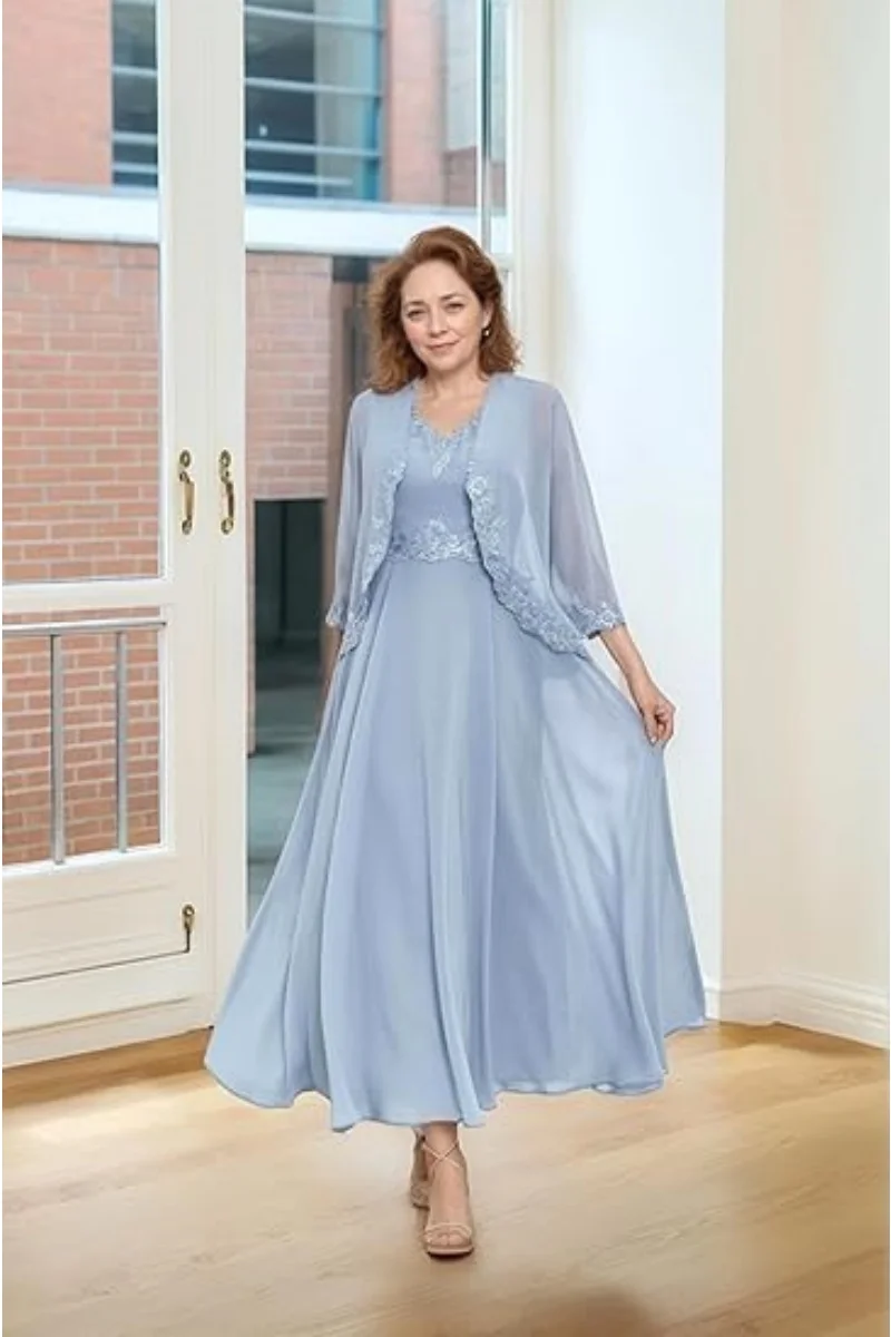2 Pieces Mother of The Bride Dresses with Jacket Sequins Lace Chiffon Formal Evening Wedding Guest Dress